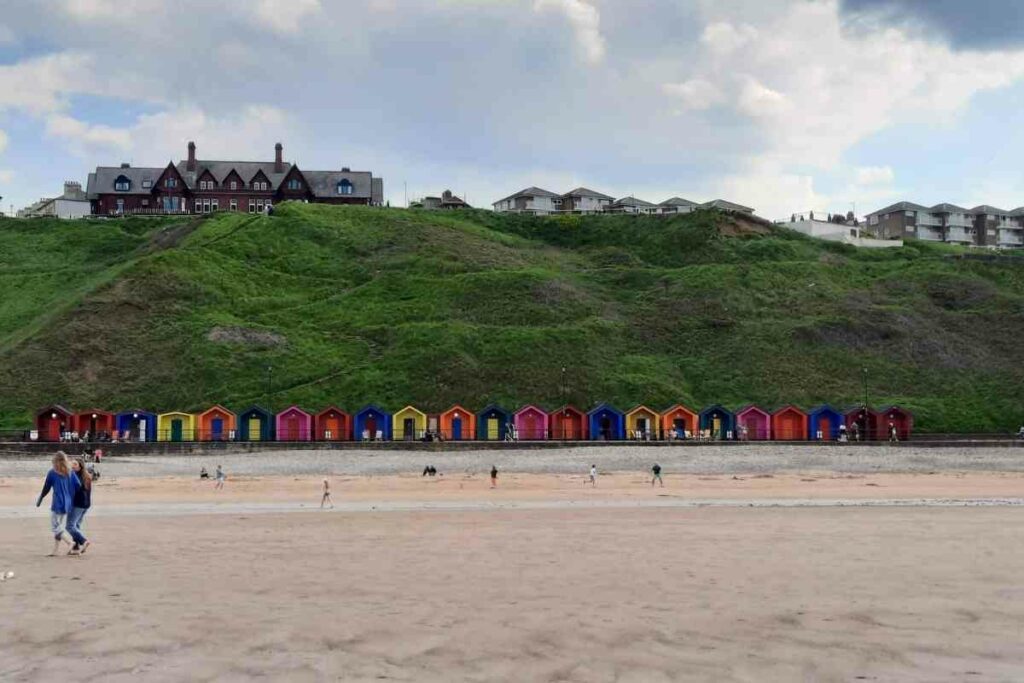 Saltburn's brightly beach huts along the promenade