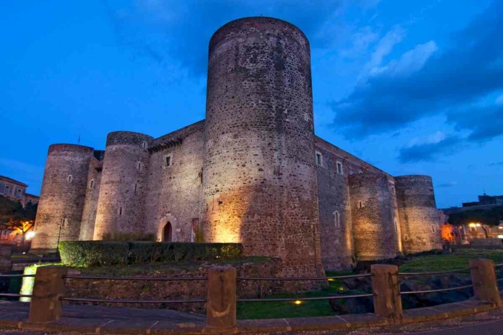 Ursino castle at night in Catania