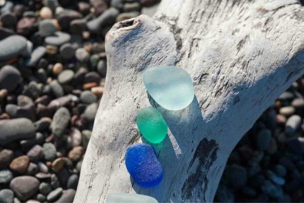 Blue sea glass on the beach