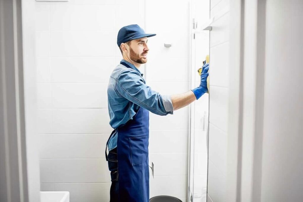 man cleaning a shower door