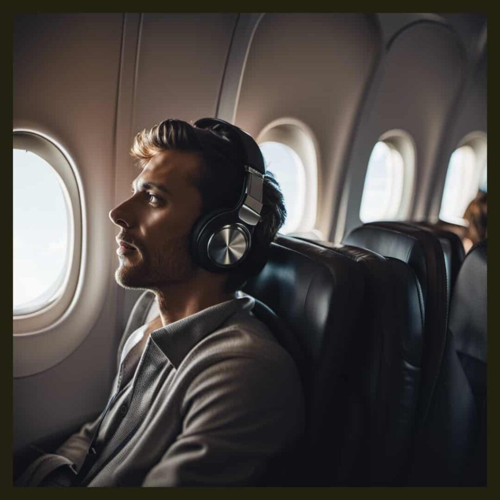 Airline passenger wearing headphones