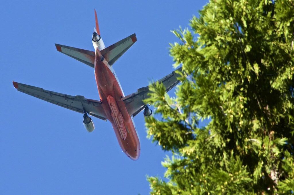 Aircraft in flight above trees