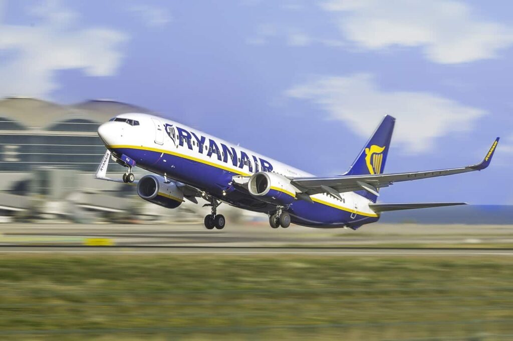 Ryanair aircraft is taking off during day time