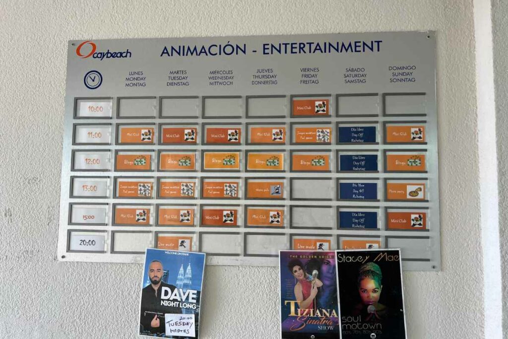 entertainment board at cay beach princess showing what is on each night