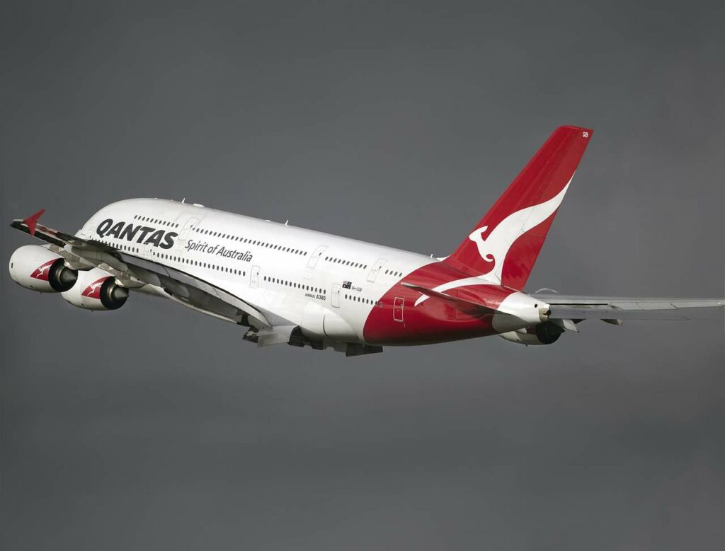 Qantas Airline is taking off from the airport.
