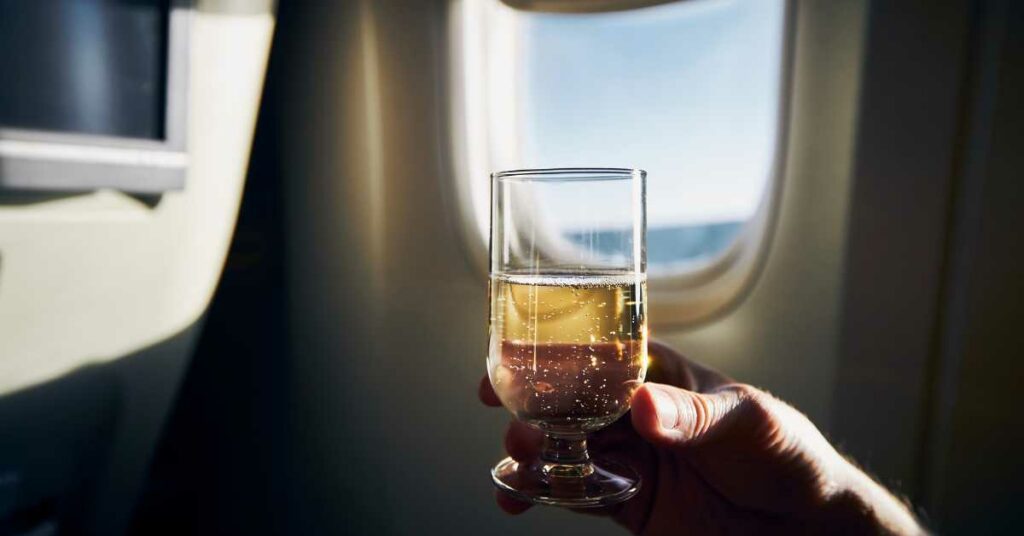 picture of someone drinking alcohol on a plane
